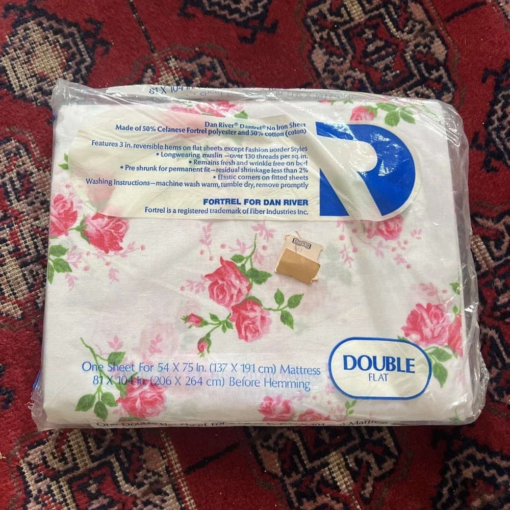 Vintage Dan River Double Flat Sheet Pink Roses NOS Sealed 81x104 No Iron USA